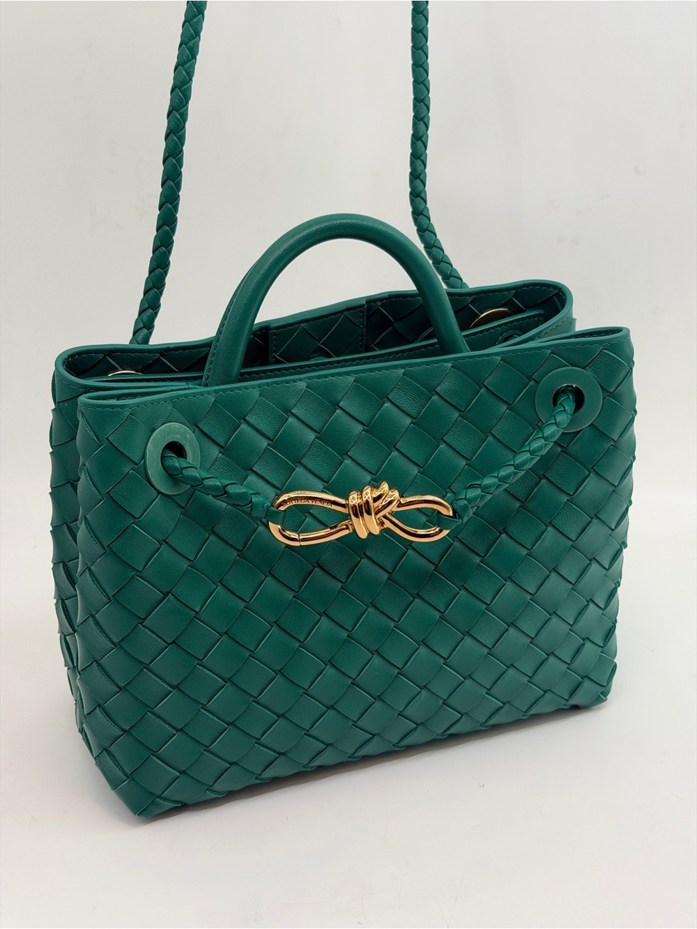 Woven Leather Shoulder Tote in Green with Gold Accent
